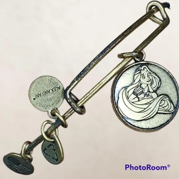 Disney ALEX AND ANI Princess Rapunzel Gold Tone Bangle Charm Bracelet RETIRED